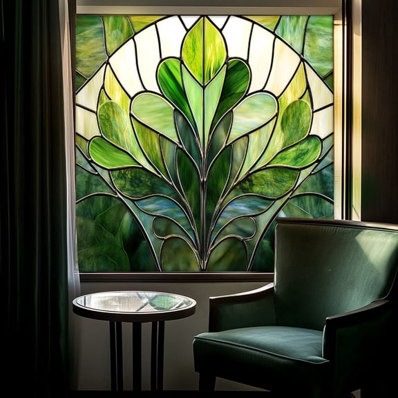 50cm Green Fan Shaped Art Glass Window Film – Static Cling Sticker Privacy Decal Suitable for Windows Doors Bathrooms and Kitchens