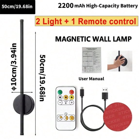 50cm Rechargeable Wireless LED Light Bar with Remote, Magnetic 3-Color Dimmable Wall Sconce for Under Cabinet Wardrobe and Bedroom