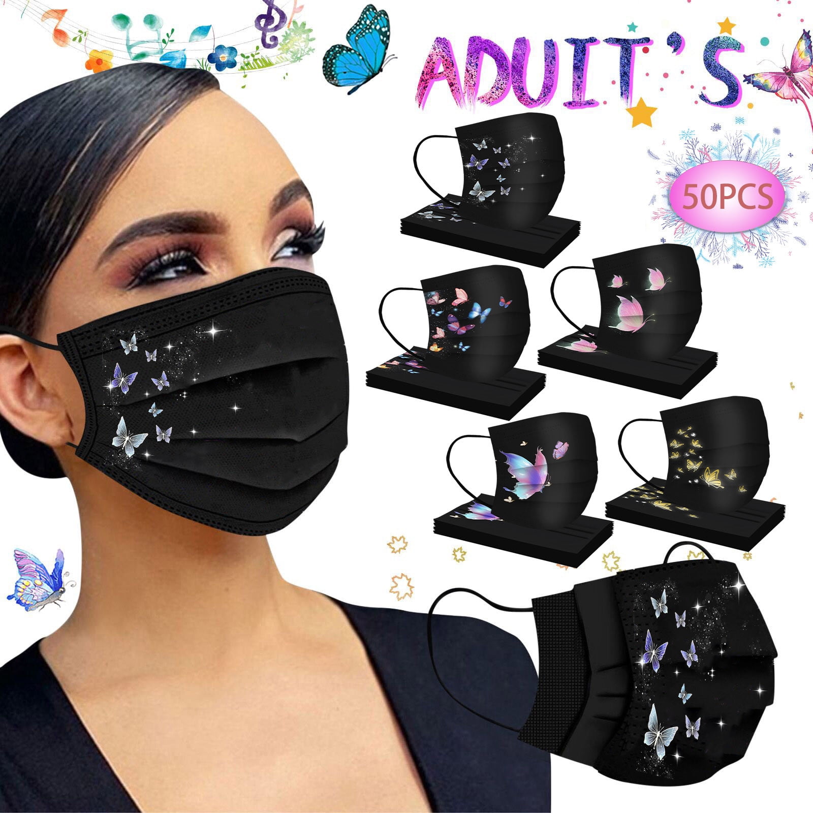 ZKV 50ct Adult Face Mask Butterfly, Breathable 3-Layer Disposable Masks with Designs,3 Ply Black Masks Full Face Protection for Women Men, Adult