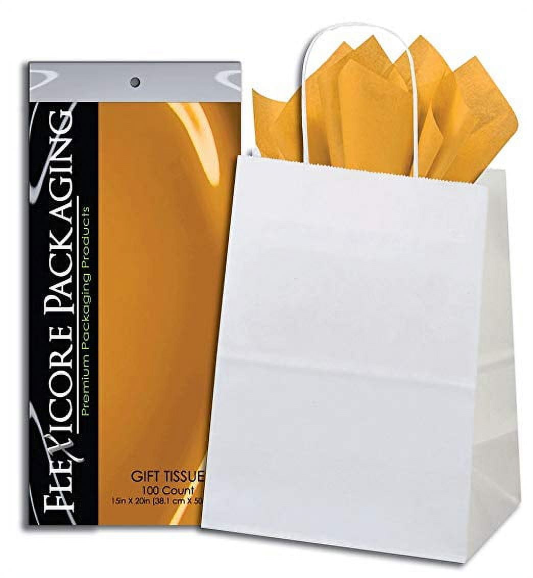 50ct White Paper Gift Bags + 100ct Grey Gift Tissue (Flexicore Packaging) 