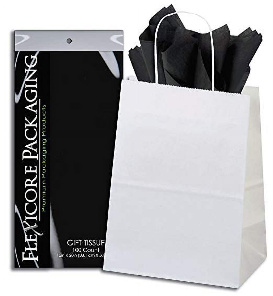 50ct White Paper Gift Bags + 100ct Black Gift Tissue (Flexicore Packaging), Size: 8 inchx4 inchx10 inch