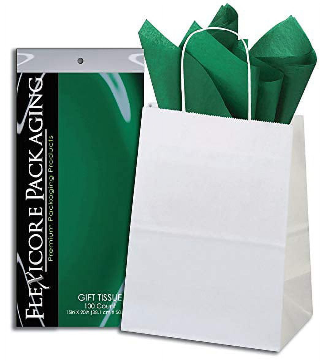 50ct White Paper Gift Bags + 100ct Lime Gift Tissue (Flexicore Packaging), Size: 8 inchx4 inchx10 inch, Green