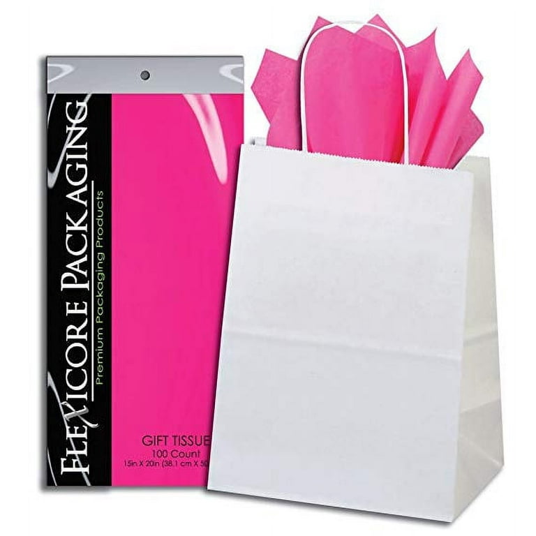 50ct White Paper Gift Bags + 100ct Hot Pink Gift Tissue (Flexicore