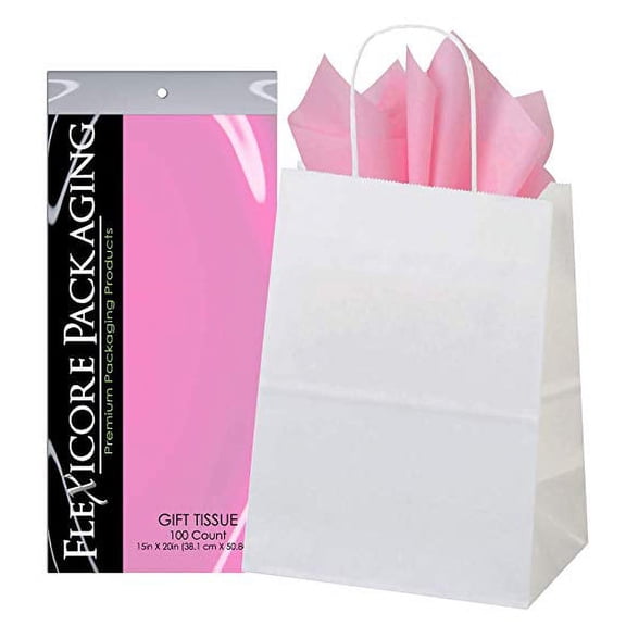 50ct White Paper Gift Bags + 100ct Light Pink Gift Tissue (Flexicore Packaging)