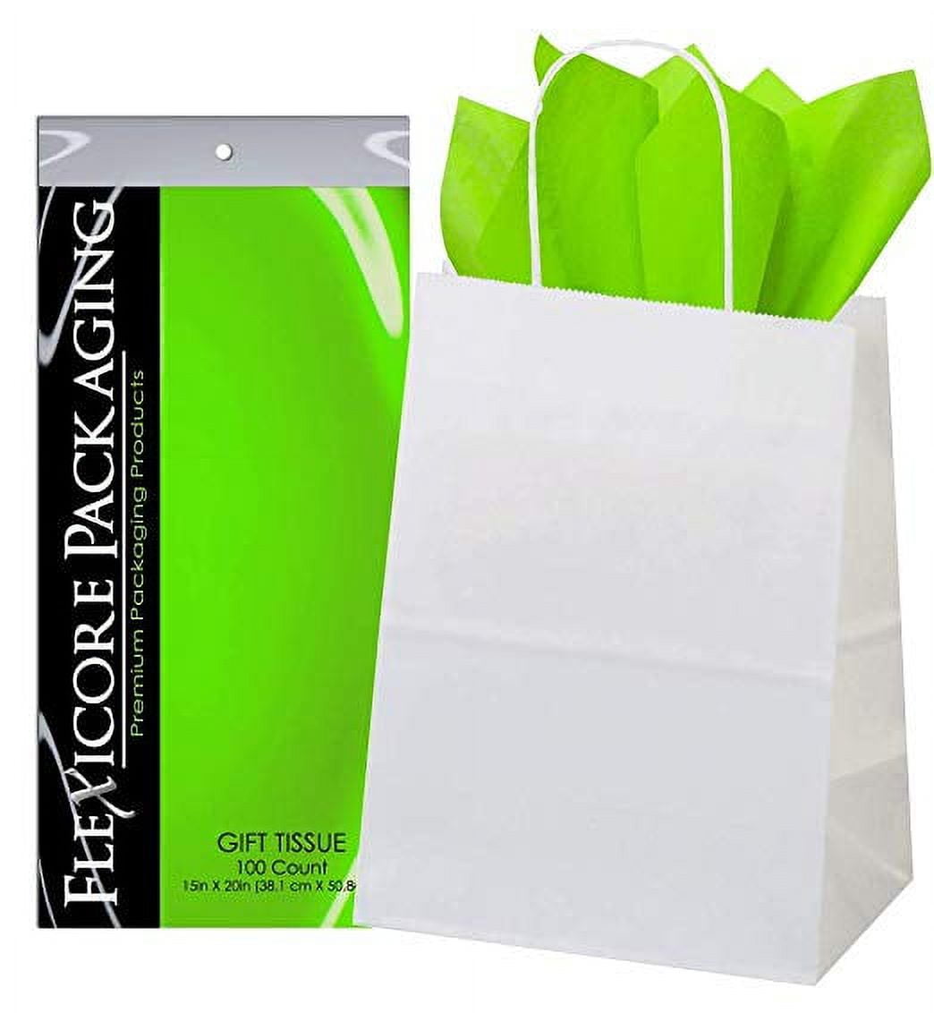 50ct White Paper Gift Bags + 100ct Lime Gift Tissue (Flexicore Packaging), Size: 8 inchx4 inchx10 inch, Green