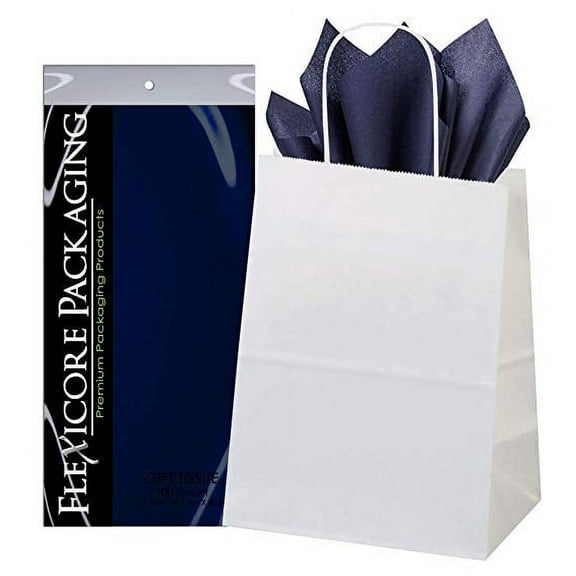 50ct White Paper Gift Bags + 100ct Navy Gift Tissue (Flexicore Packaging)