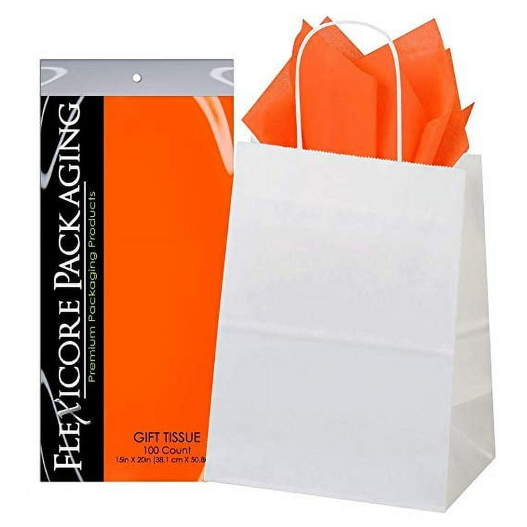 50ct White Paper Gift Bags + 100ct Orange Gift Tissue (Flexicore