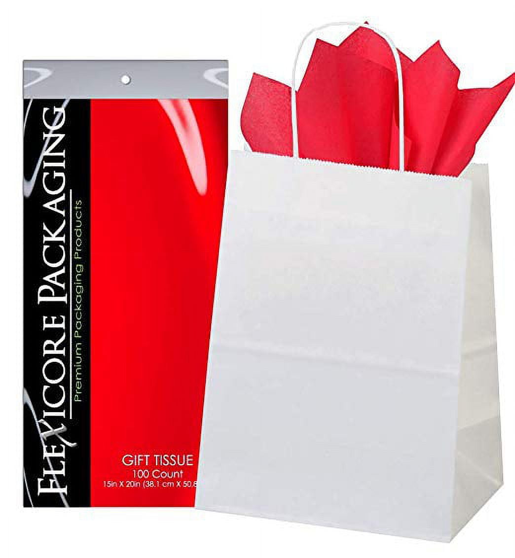 50ct White Paper Gift Bags + 100ct Red Gift Tissue (Flexicore Packaging), Size: 8 inchx4 inchx10 inch