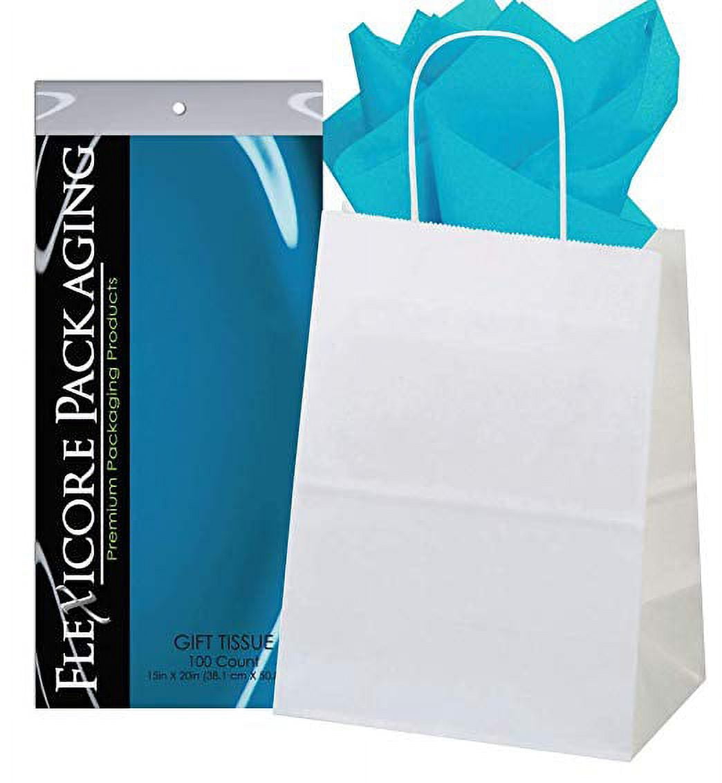 50ct White Paper Gift Bags + 100ct Navy Gift Tissue (Flexicore Packaging) 