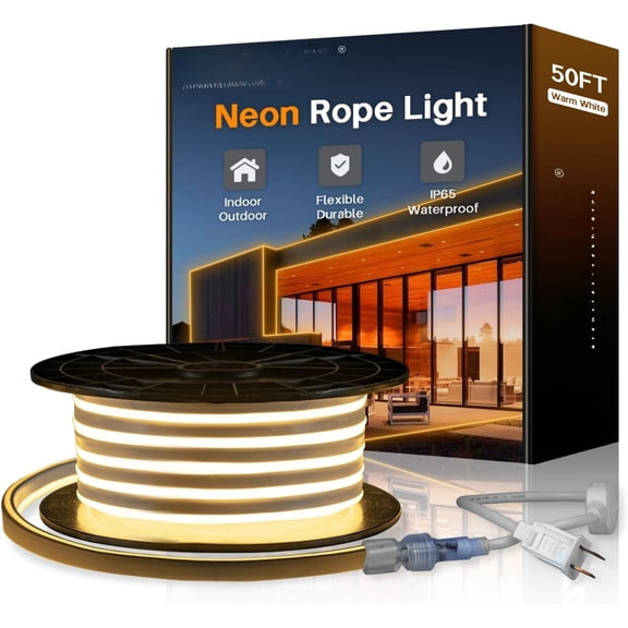50ft/15m LED Neon Rope Lights - Commercial Neon Strip Light Outdoor - 110V Flex Warm White Neon Lights Connectable DIY Strips Lighting for Indoor Outdoor Decor
