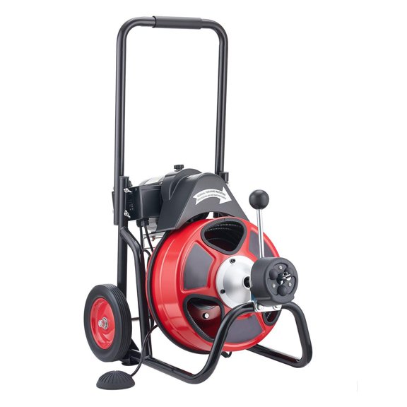 50ft 3/8 Inch Auto Feed Drain Snake Auger Machine with Wheels 4 Cutters Air Foot Switch for 2 to 4 Inch Pipes