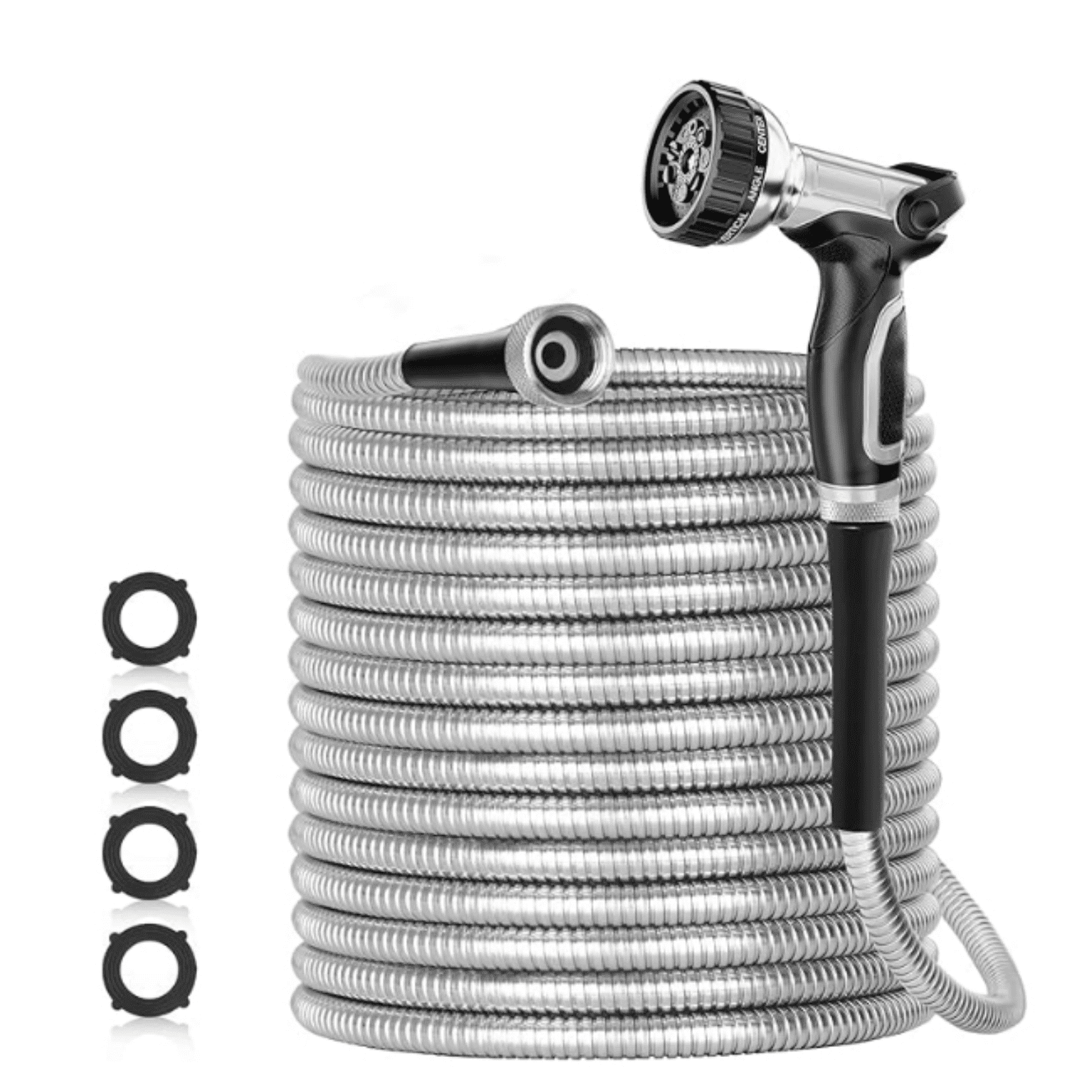 50ft 304 Stainless Steel Garden Hose Metal, Heavy Duty Water Pipe with Nozzles for Yard, Outdoor - Flexible, Never Kink & Tangle, Puncture Resistant (Sliver)
