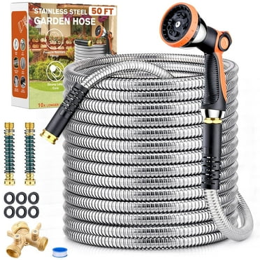 50ft 304 Stainless Steel Metal Garden Hose, Heavy Duty Water Hoses with Splitter & 6 Extra Rubber Washers for Lawn Watering, Outdoor - Flexible, Never Kink & Tangle, Puncture Resistant