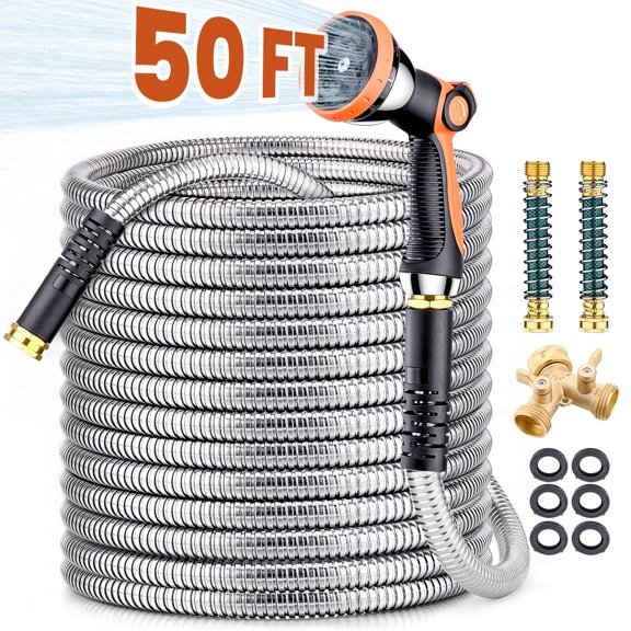 50ft 304 Stainless Steel Metal Garden Hose, Heavy Duty Water Hoses with Splitter & 6 Extra Rubber Washers for Lawn Watering, Outdoor - Flexible, Never Kink & Tangle, Puncture Resistant