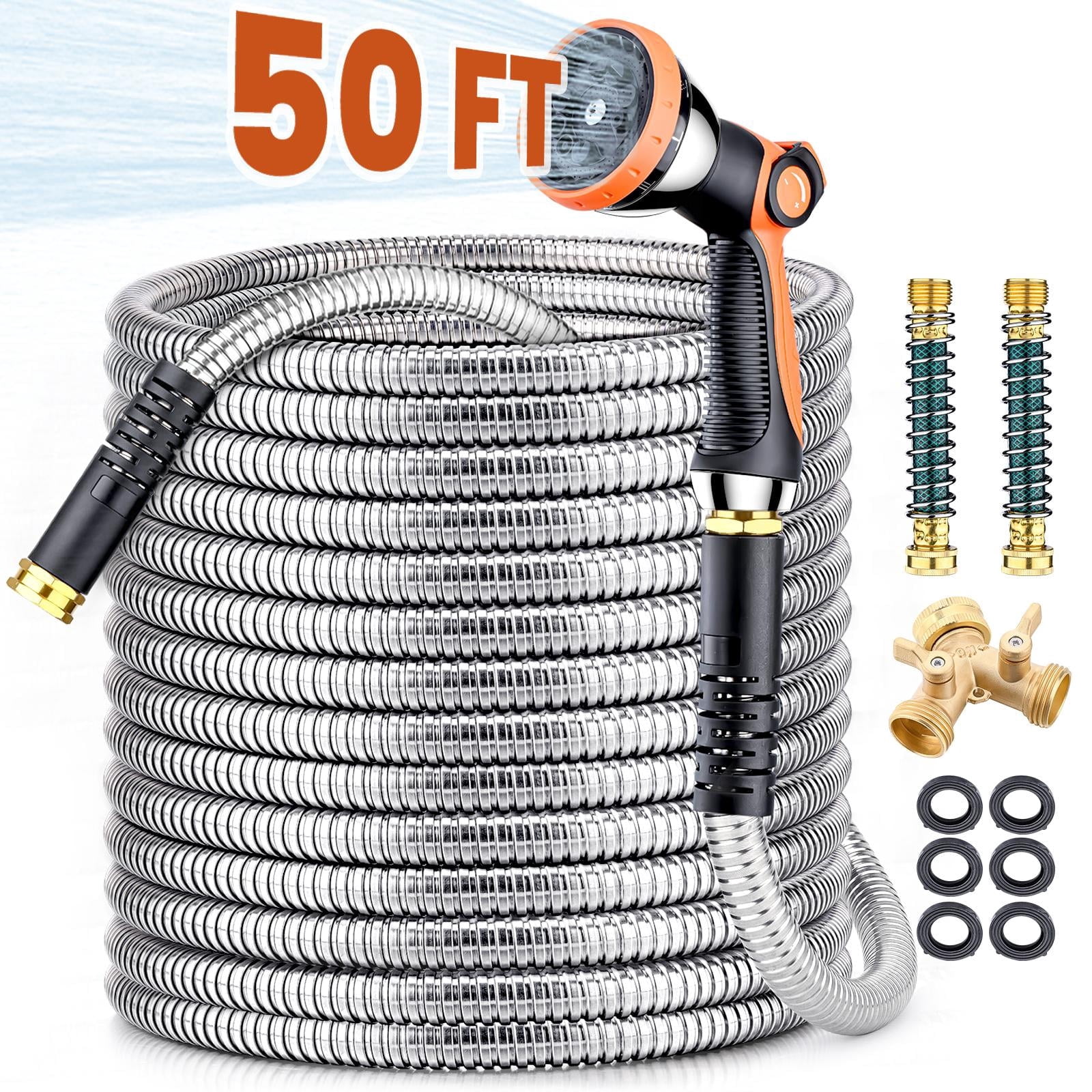 50ft Garden Hose, 304 Stainless Steel Metal Water Hose with 10-Mode Nozzle Sprayer & 6 Extra Rubber Washers, Durable Outdoor Hose for Lawn Watering, Yard, Patio