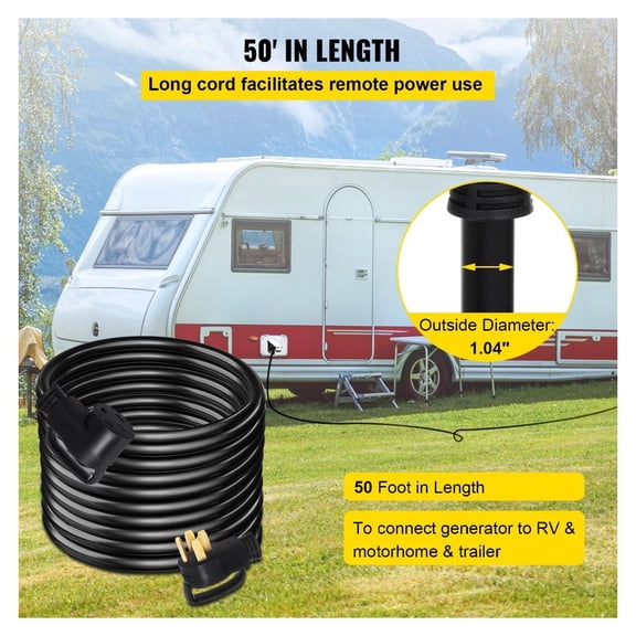 50ft 50 Amp RV Extension Cord - Heavy Duty 6AWG STW Copper Wire - N14-50P/R Plug - 125/250V Power Cable for Trailer, Motorhome, Camper, Welder