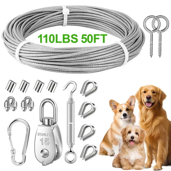50ft Dog Tie Out Cable, EEEkit Stainless Steel Dog Tether Runner Lead Leash Trolley Runner Cable for Outdoor Yard Camping, Up to 110lbs