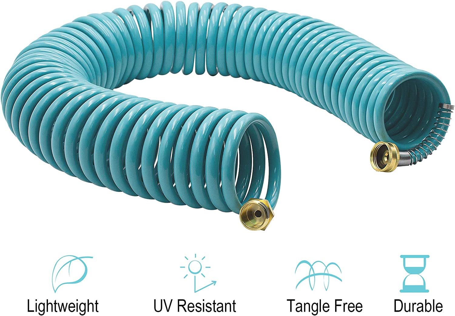 50ft EVA Curly Garden Hose with Brass Connectors, Retractable, 7-Pattern Sprayer