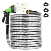 50ft Garden Hose Metal with Nozzle, KIMHY 304 Stainless Steel Water Hose 3 /4 Inch , Kink & Tangle Free, Rust Proof, 150 Psi