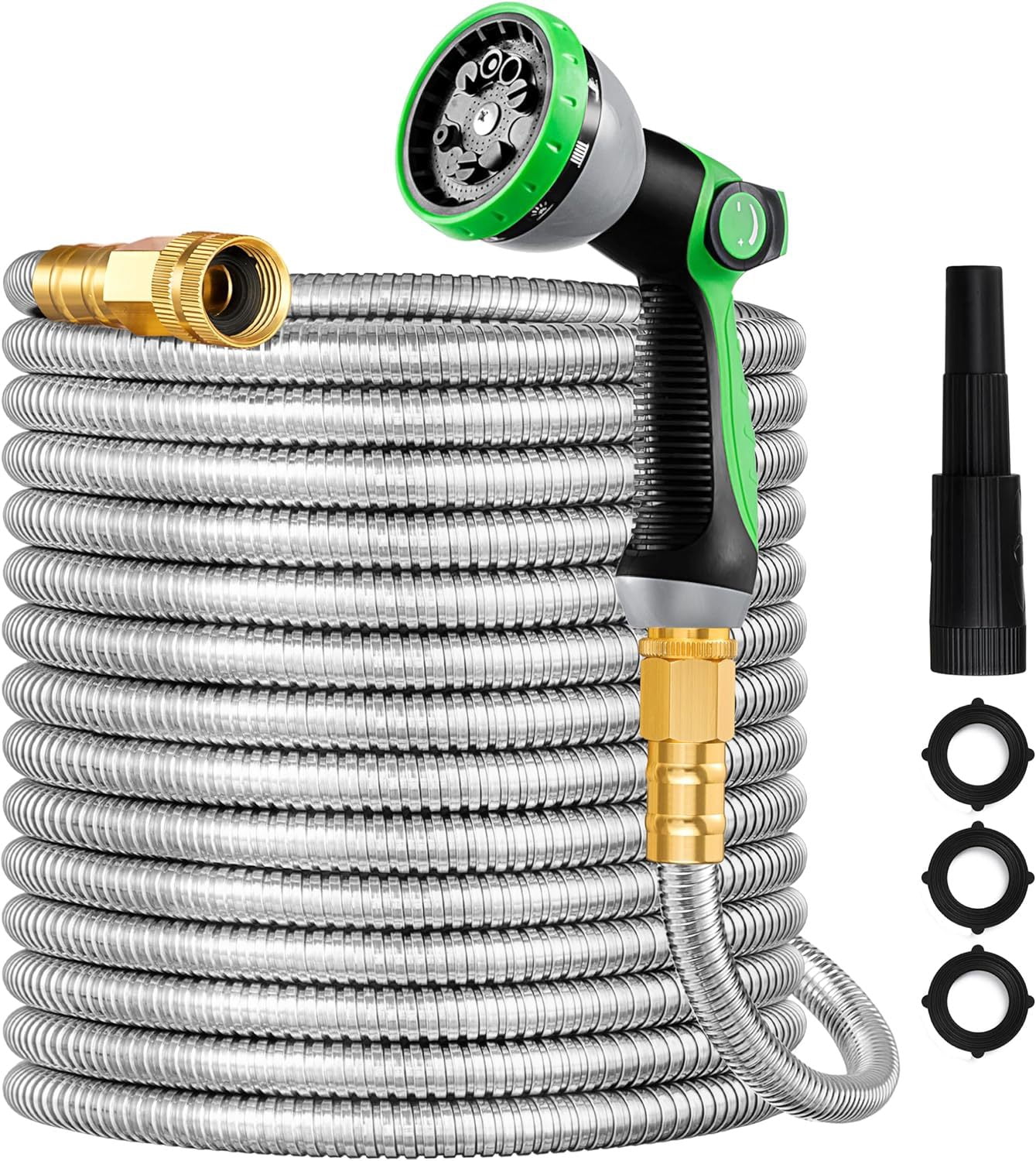 50ft Garden Hose, Metal Stainless Steel Water Hose with 10 Functional Nozzles & 3/4 inch Brass Fittings, Flexible, No-Kink, Puncture Proof, Heavy Duty Water Pipe for Yard, Outdoor