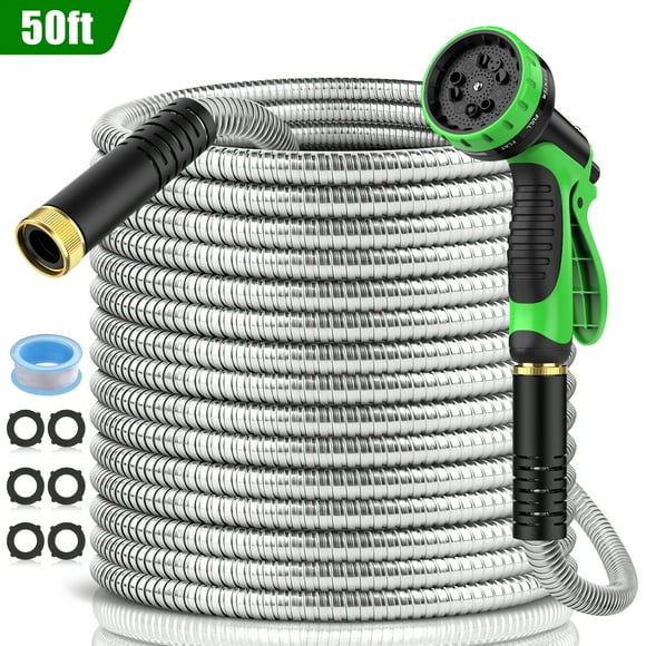 50ft Garden Hose, Metal Stainless Steel Water Hose w/ 10 Functional Nozzles & 3/4 inch Brass Fittings, Flexible, Kink&Tangle Free, Puncture Resistant, Heavy Duty Water Pipe for Yard&Outdoor(Sliver)