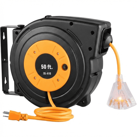 50ft Heavy Duty Retractable Power Cord Reel With 180 Degree Swivel Bracket,14AWG Durable Extension Cord Reel With Lighted Outlet For Mounting Ceiling or Wall Mount
