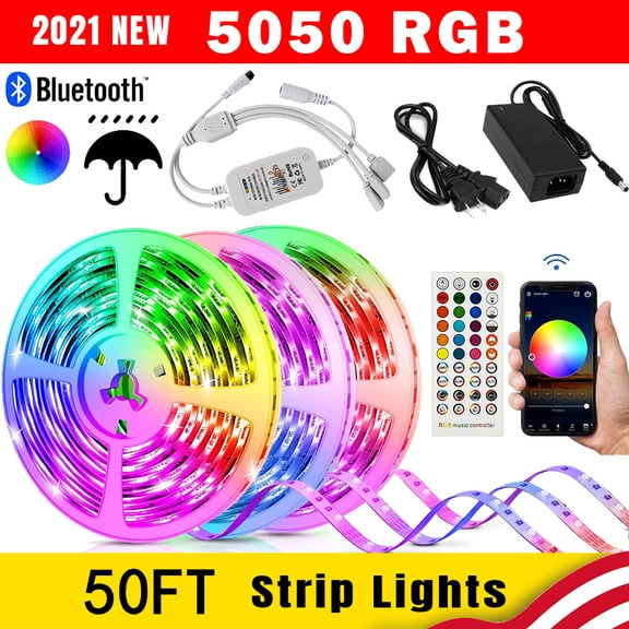 50ft LED Light Strips,15m RGB Flexible Music Sync Color Changing APP Control Bright 5050 LEDs Tape Lights with Remote