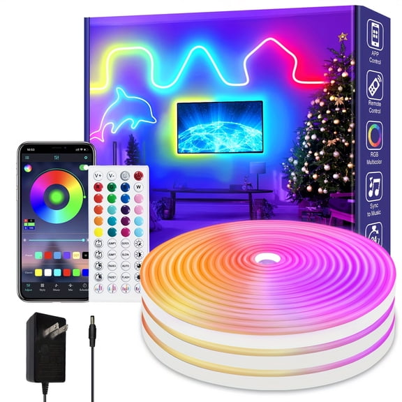 50ft LED Neon Lights with Remote APP Control Flexible Neon Lights with 24V RGB LED Rope Lights for Decoration Of Bedroom Rooms