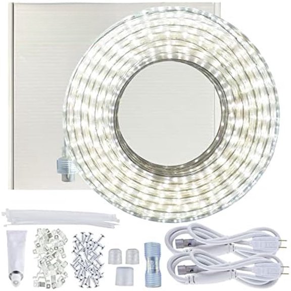 50ft LED Rope Lights Outdoor Waterproof, 110V Flexible Daylight White Bright Lighting Cuttable Connectable, Cool Clear Flat Strip Light 6000K for Outside Deck Patio Camping Decor, Not Tube Rope