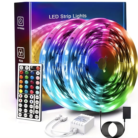 50ft LED Strip Lights RGB Color Changing - 44 Key Remote Control, Modes, Dimmable, Cuttable, 16 LEDs/M, For Bedroom, Living Room, Christmas Party, Home Decor, Festival Lighting