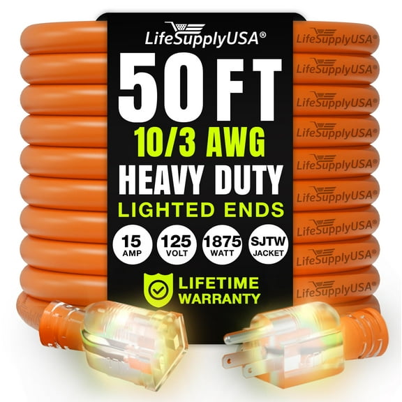 50ft Outdoor/Indoor Extension Cord 10/3 Gauge Ultra Heavy Duty 3 Prong SJTW, Waterproof, Flexible Cold-Resistant Long Power Cord,125 Amp 1875W, Orange by LifeSupplyUSA