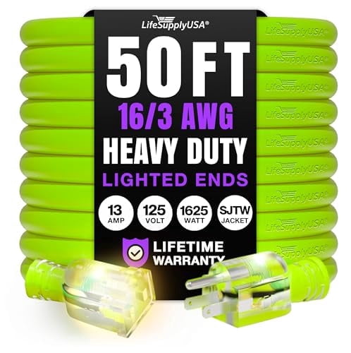 50ft Outdoor/Indoor Extension Cord 16/3 Gauge Heavy Duty 3 Prong SJTW, Waterproof, Flexible Cold-Resistant Long Power Cord,13A 125V 1625W, Neon Green by LifeSupplyUSA