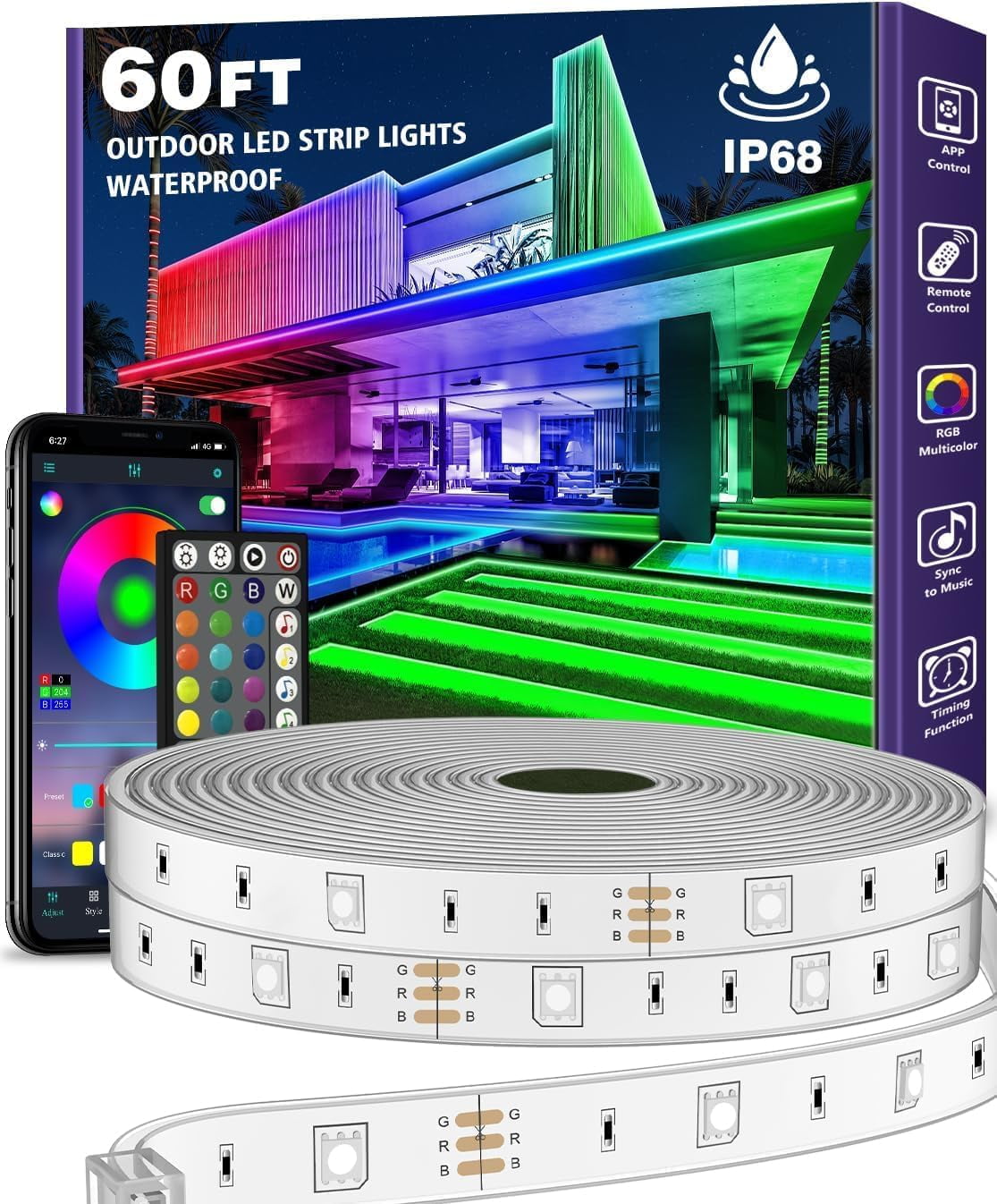 50ft Outdoor LED Strip Lights Waterproof with self-Adhesive Back,IP68 Outside Led Lights Strips Waterproof with Bluetooth App Remote,Music Sync RGB Exterior Led Rope Lights,for Balcony,Deck