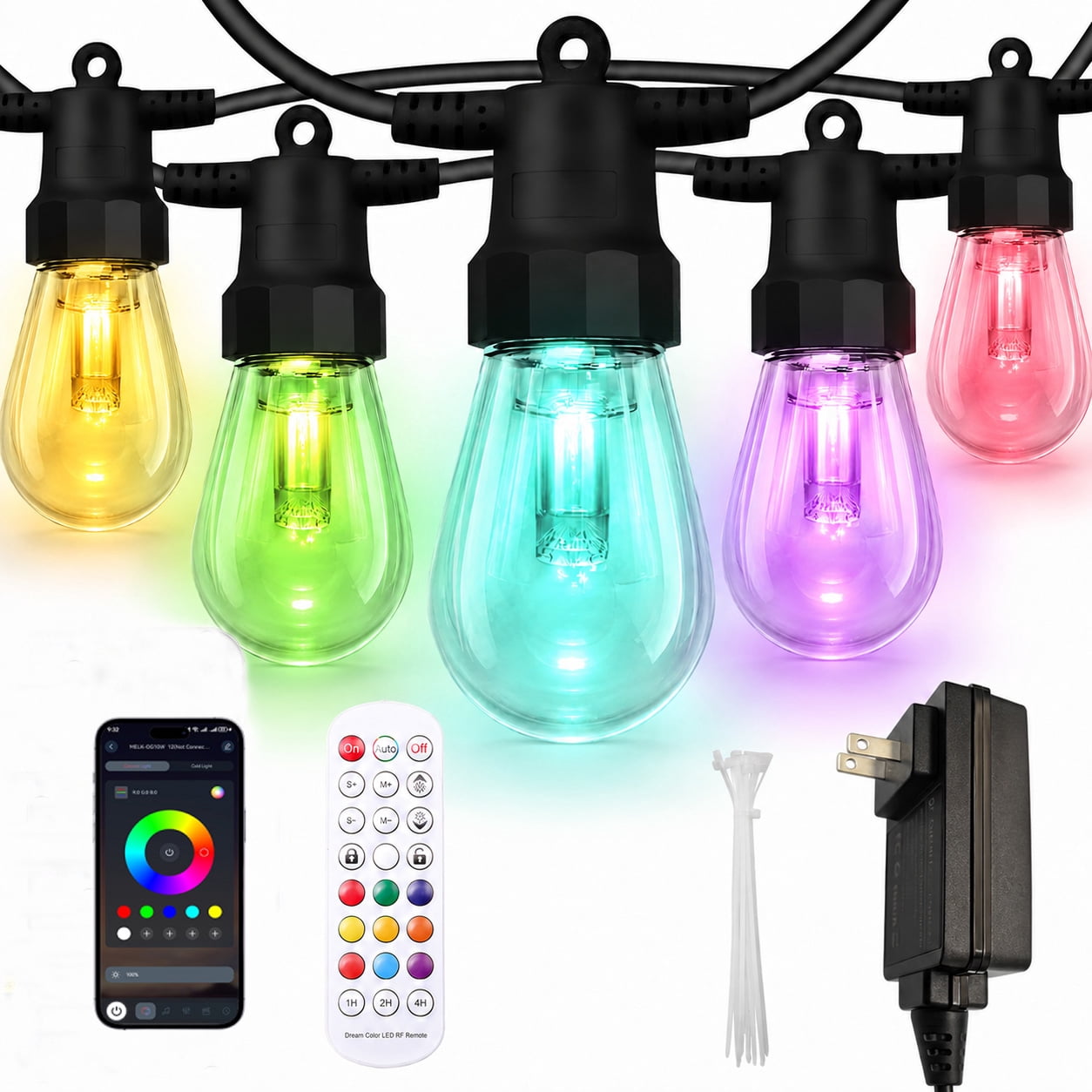 50ft Outdoor String Lights, RGB & Warm White Patio Lights with 20 Bulbs ...