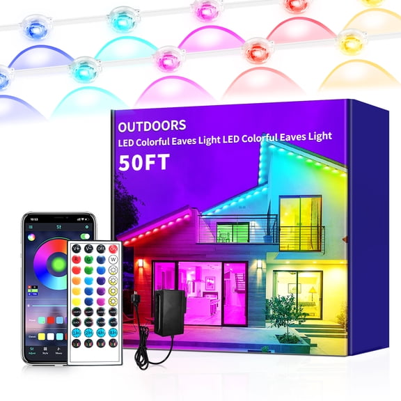 50ft Permanent Outdoor Lights for House 15 Lights Plug-in RGB Color Changing App Remote Control IP67 Waterproof LED Eaves String Light for Party Patio Christmas & Halloween Decor