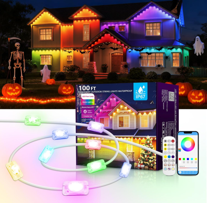50ft Permanent Outdoor Lights, RGBIC Eave Lights, with App and Remote Control, DIY Multi-color Scene Modes, Outdoor Home Light Strings, Halloween, Christmas Festival Decorations