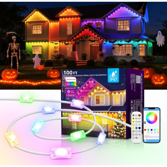 50ft Permanent Outdoor Lights, RGBIC Eave Lights, with App and Remote Control, DIY Multi-color Scene Modes, Outdoor Home Light Strings, Halloween, Christmas Festival Decorations
