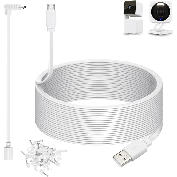 50ft Power Cable for Cam v4, Cam Pan v3, OG, Cam v3 and v3 Pro Security Cameras - 15m Long Flat Extension USB to Micro USB Charging Cord with L-Shaped Adapter, White