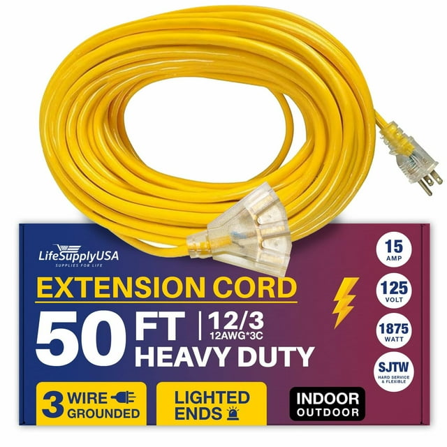 50ft Power Extension Cord Outdoor & Indoor Waterproof Electric Drop Cord Cable , 3Outlet