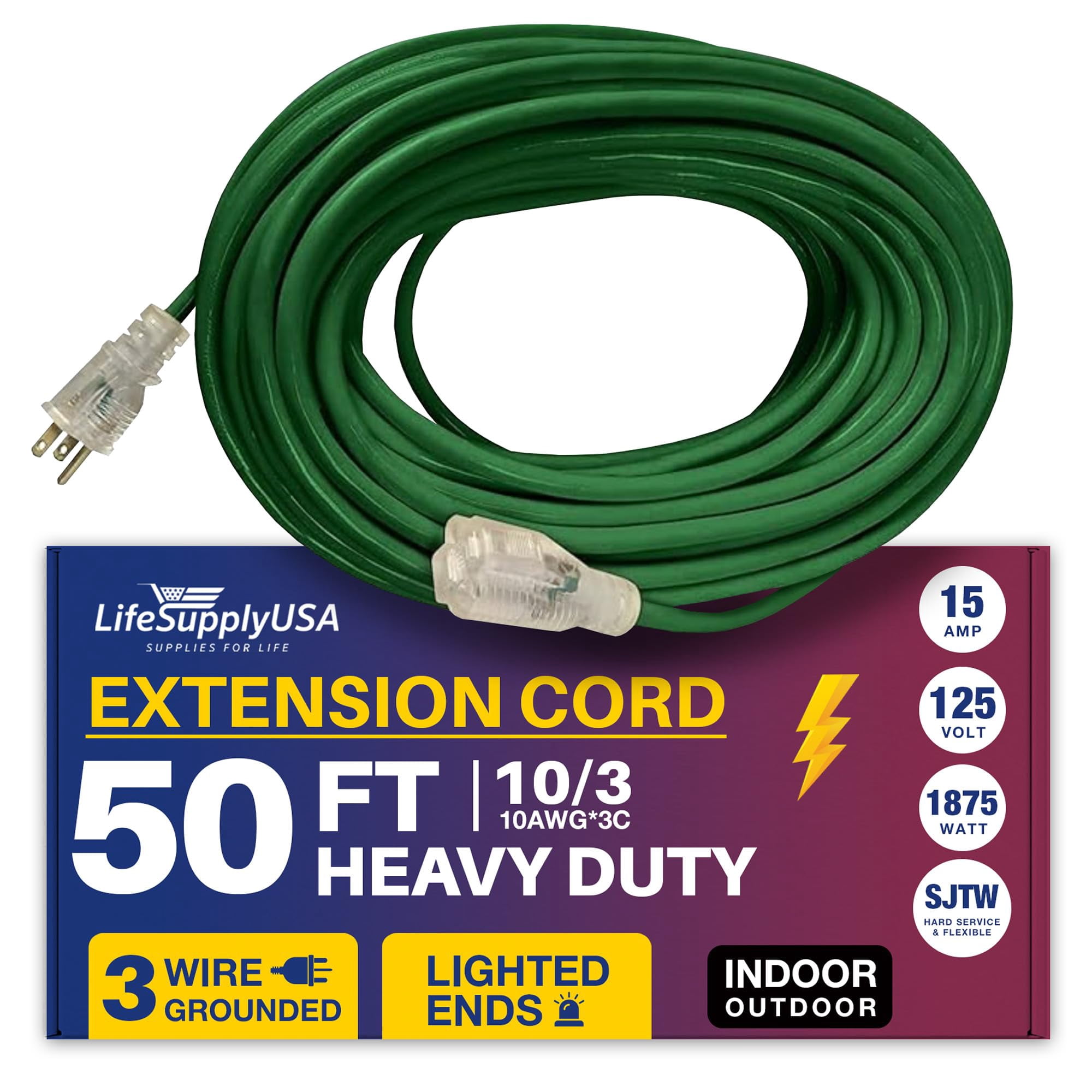 50ft Power Outdoor Extension Cord & Indoor - Waterproof Electric Drop Cord Cable - 3 Prong SJTW, 10 Gauge, 15 AMP, 125 Volts, 1875 Watts, 10/3 by LifeSupplyUSA - Green (1 Pack)