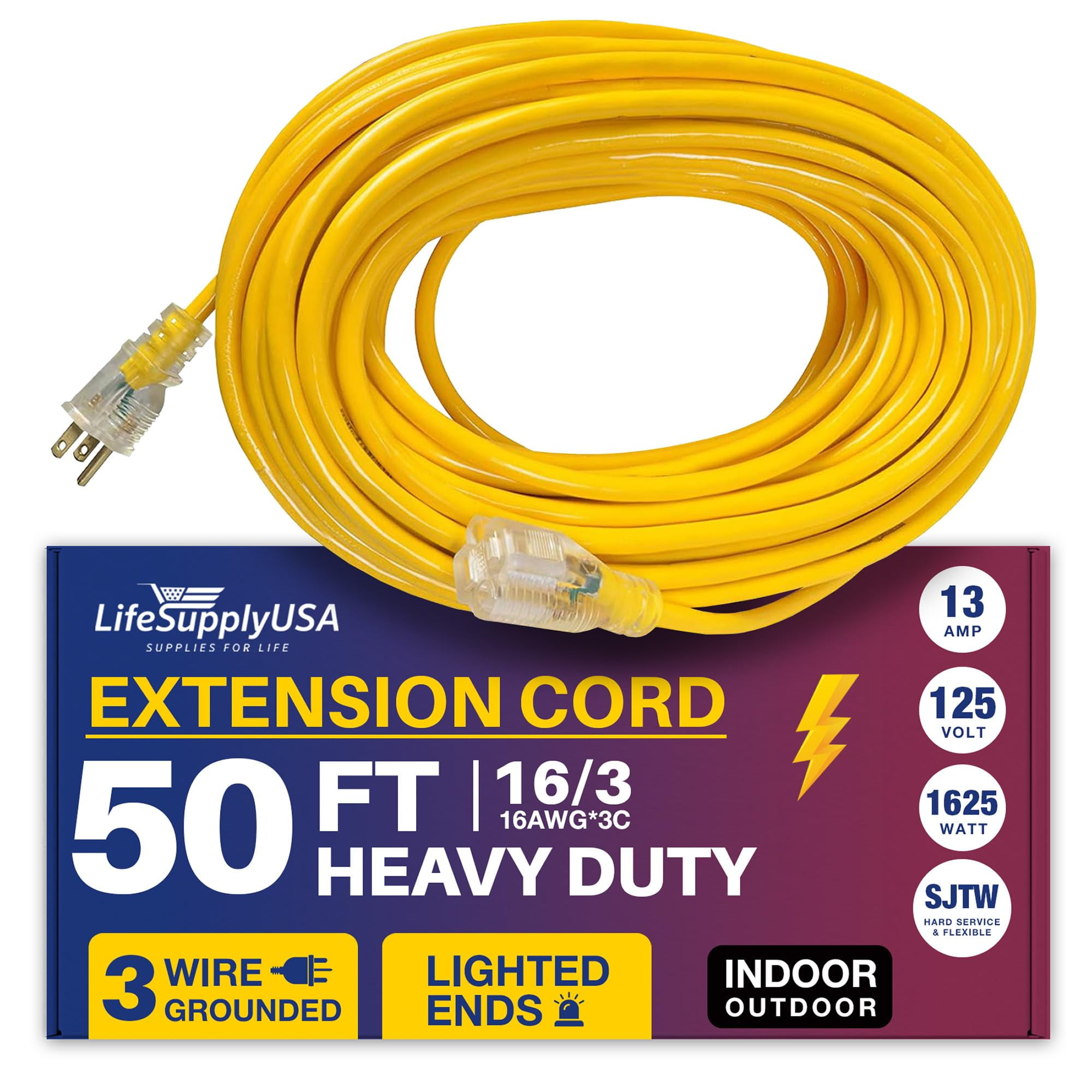 LifeSupplyUSA 16 Gauge 50 ft Yellow 1 Outlet Heavy Duty Extension Cord