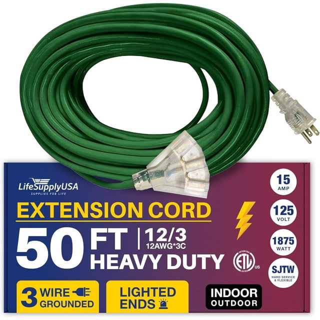 50ft Power Outdoor Extension Cord & Indoor Waterproof Electric Drop