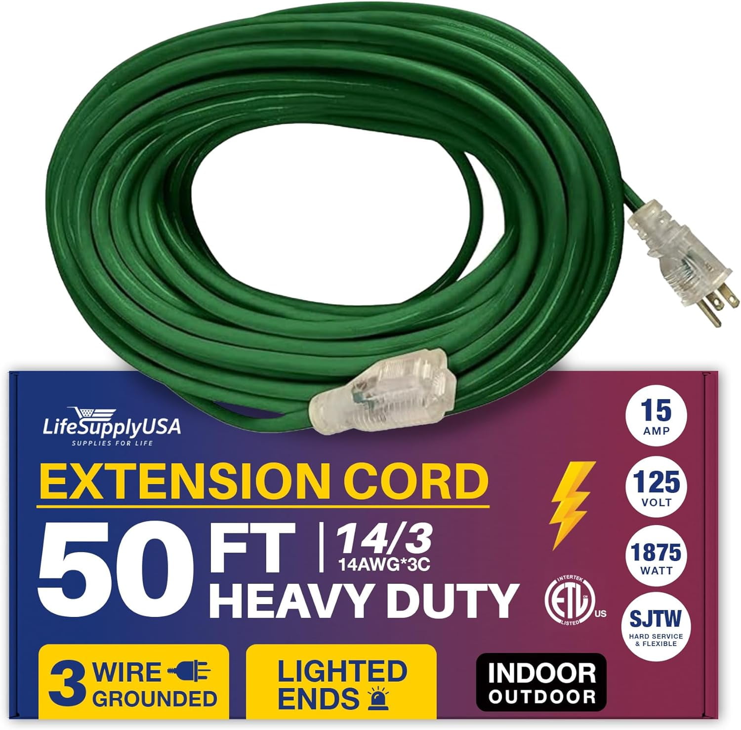 50ft Power Outdoor Extension Cord & Indoor Waterproof Electric Drop