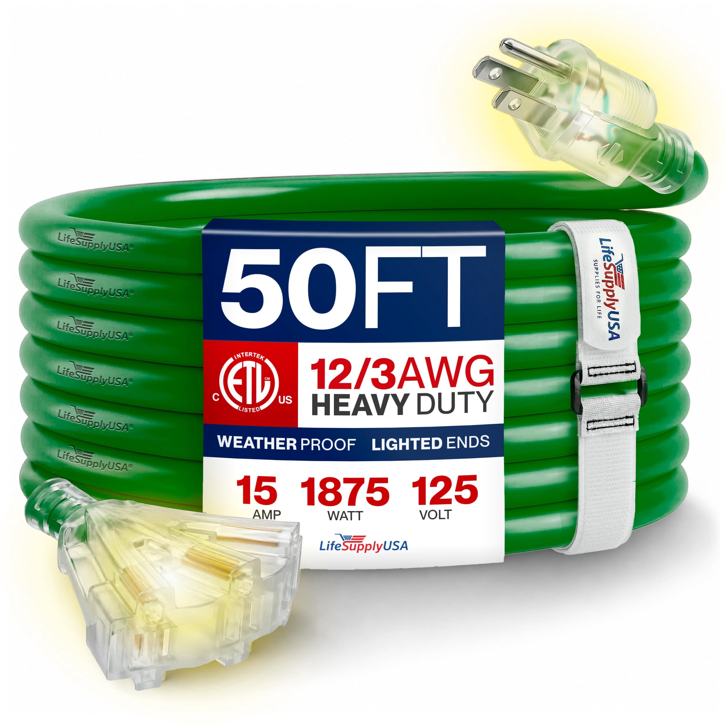 50ft Outdoor/Indoor Extension Cord 3-Outlet 12/3 Gauge Extra Heavy Duty ETL Listed, 3 Prong SJTW, Waterproof, Flexible Cold-Resistant Long Power Cord,15A 125V 1875W, Green by LifeSupplyUSA