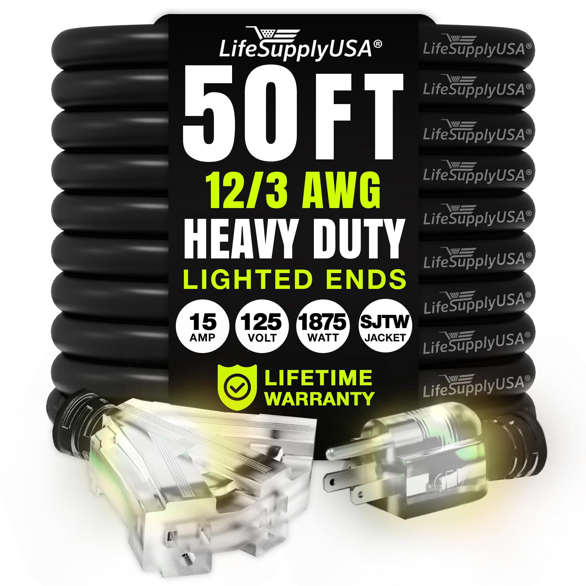 50ft Outdoor/Indoor Extension Cord 3-Outlet 12/3 Gauge Extra Heavy Duty 3 Prong SJTW, Waterproof, Flexible Cold-Resistant Long Power Cord,15A 125V 1875W, Black by LifeSupplyUSA