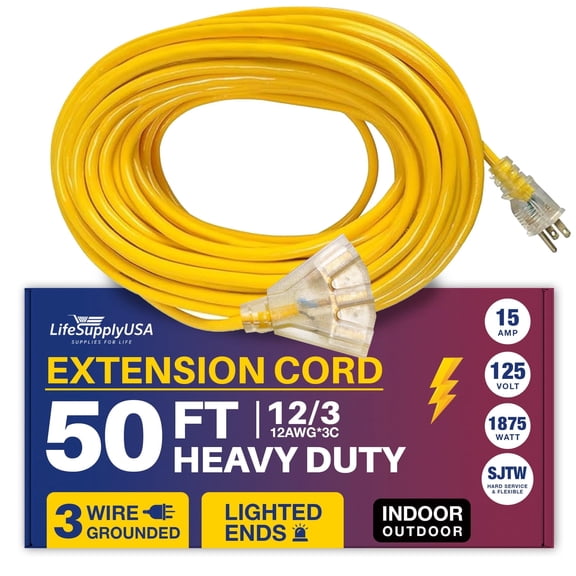 50ft Outdoor/Indoor Extension Cord 3-Outlet 12/3 Gauge Extra Heavy Duty 3 Prong SJTW, Waterproof, Flexible Cold-Resistant Long Power Cord,15A 125V 1875W, Yellow by LifeSupplyUSA
