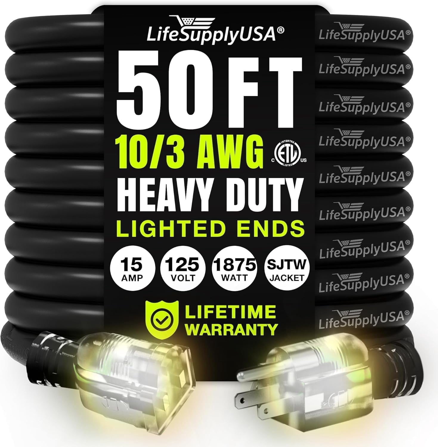 50ft Outdoor/Indoor Extension Cord 10/3 Gauge Ultra Heavy Duty 3 Prong SJTW, Waterproof, ETL Listed, Flexible Cold-Resistant Long Power Cord,15A 125V 1875W, Black by LifeSupplyUSA