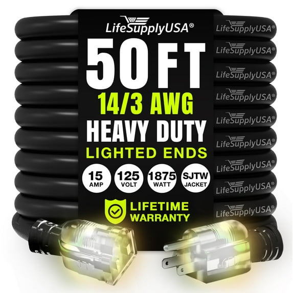 50ft Outdoor/Indoor Extension Cord 14/3 Gauge Heavy Duty 3 Prong SJTW, Waterproof, Flexible Cold-Resistant Long Power Cord,15A 125V 1875W, Black by LifeSupplyUSA