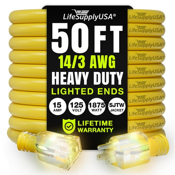 50ft Outdoor/Indoor Extension Cord 14/3 Gauge Heavy Duty 3 Prong SJTW, Waterproof, Flexible Cold-Resistant Long Power Cord,125 Amp 1875W, Yellow by LifeSupplyUSA