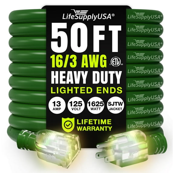 50ft Outdoor/Indoor Extension Cord 16/3 Gauge Heavy Duty 3 Prong SJTW, Waterproof, ETL Listed, Flexible Cold-Resistant Long Power Cord,125 Amp 1625W, Green by LifeSupplyUSA